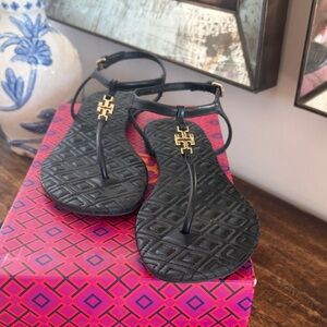 Tory Burch Marion quilted Black Leather Sandals with Gold Accent